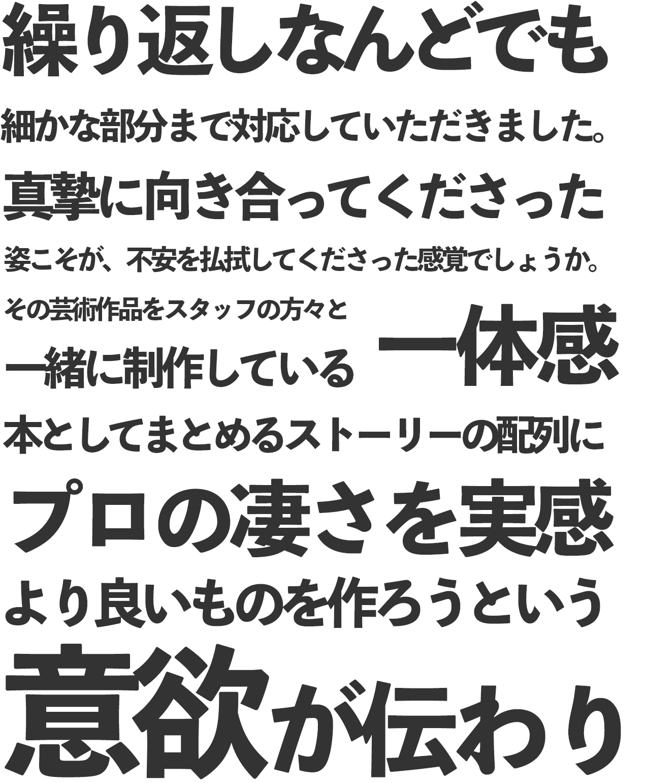 繰り返しなんどでも細かな部分まで対応していただきました。真摯に向き合ってくださった姿こそが、不安を払拭してくださった感覚でしょうか。その芸術作品をスタッフの方々と一緒に制作している一体感 一緒に制作している本としてまとめるストーリーの配列にプロの凄さを実感より良いものを作ろうという意欲が伝わり